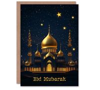 Artery8 Eid Mubarak Greeting Card Gold Mosque Under Night Sky Stars Blank For Him Or Her Art Eid al-Fitr Card
