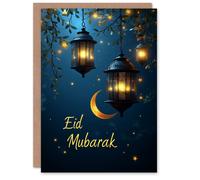 Artery8 Eid Mubarak Greeting Card Tree Lanterns Stars and Crescent Moon Blank For Him Or Her Art Eid al-Fitr Card