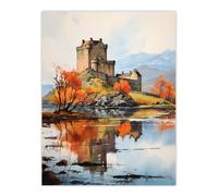 Eilean Donan Castle Scotland Watercolour Painting Misty Morning Autumn Sunlight Extra Large XL Unframed Wall Art Poster Print Artery8 Multi W24 inch x H32 inch