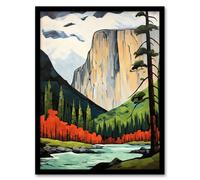 Artery8 El Capitan Autumn Colours Artwork Striking Landmark In Yosemite National Park Art Print Framed Poster Wall Decor in Black | Size: A4 Artery8 Black A4