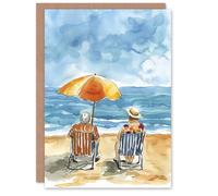 Artery8 Elderly Couple Day At The Beach Watercolour Blank For Him Or Her Art Birthday Card