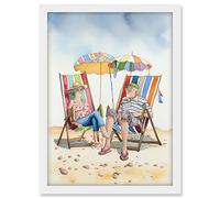 Artery8 Elderly Couple Enjoying A Summer Beach Day Watercolour Illustration Artwork Framed A3 Wall Art Print