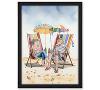 Artery8 Elderly Couple Enjoying A Summer Beach Day Watercolour Illustration Artwork Framed A3 Wall Art Print