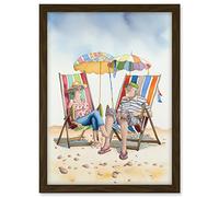 Artery8 Elderly Couple Enjoying A Summer Beach Day Watercolour Illustration Artwork Framed A3 Wall Art Print