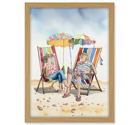 Artery8 Elderly Couple Enjoying A Summer Beach Day Watercolour Illustration Artwork Framed A3 Wall Art Print
