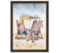 Artery8 Elderly Couple Enjoying A Summer Beach Day Watercolour Illustration Artwork Framed Wall Art Print A4 in Brown Artery8 Brown