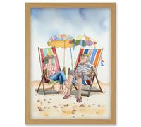 Artery8 Elderly Couple Enjoying A Summer Beach Day Watercolour Illustration Artwork Framed Wall Art Print A4 in Light Oak Artery8 Light Oak