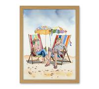 Artery8 Elderly Couple Enjoying A Summer Beach Day Watercolour Illustration Artwork Framed Wall Art Print 18X24 Inch