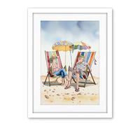 Artery8 Elderly Couple Enjoying A Summer Beach Day Watercolour Illustration Artwork Framed Wall Art Print 18X24 Inch