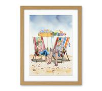 Artery8 Elderly Couple Enjoying A Summer Beach Day Watercolour Illustration Artwork Framed Wall Art Print 18X24 Inch