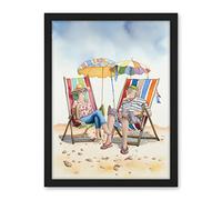 Artery8 Elderly Couple Enjoying A Summer Beach Day Watercolour Illustration Artwork Framed Wall Art Print 18X24 Inch