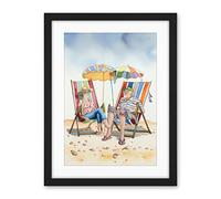 Artery8 Elderly Couple Enjoying A Summer Beach Day Watercolour Illustration Artwork Framed Wall Art Print 18X24 Inch