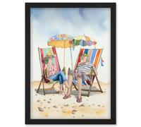 Artery8 Elderly Couple Enjoying A Summer Beach Day Watercolour Illustration Wall Art Print - A4 Size