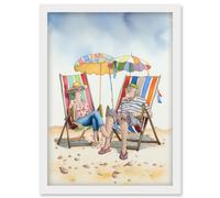 Artery8 Elderly Couple Enjoying A Summer Beach Day Watercolour Illustration Artwork Framed Wall Art Print A4 in White Artery8 White