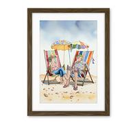 Artery8 Elderly Couple Enjoying A Summer Beach Day Watercolour Illustration Artwork Framed Wall Art Print 18X24 Inch