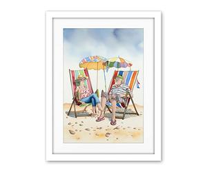 Artery8 Elderly Couple Enjoying A Summer Beach Day Watercolour Illustration Artwork Framed Wall Art Print 18X24 Inch