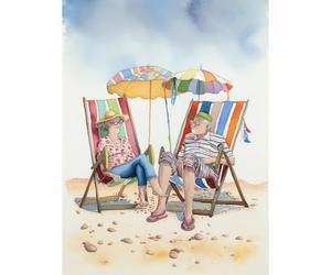 Artery8 Elderly Couple Enjoying A Summer Beach Day Watercolour Illustration Extra Large XL Wall Art Poster Print