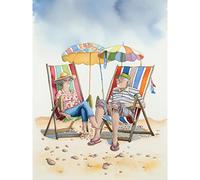 Artery8 Elderly Couple Enjoying A Summer Beach Day Watercolour Illustration Large Wall Art Poster Print Thick Paper 18X24 Inch
