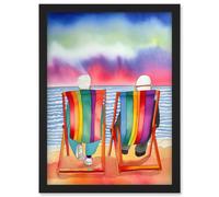 Artery8 Elderly Couple Sitting At The Beach Looking At The Sunset Sky Watercolour Illustration Artwork Framed Wall Art Print A4 in Black Artery8 Black