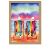 Artery8 Elderly Couple Sitting At The Beach Looking At The Sunset Sky Watercolour Illustration Artwork Framed Wall Art Print A4 in Light Oak Artery8 Light Oak