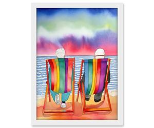 Artery8 Elderly Couple Sitting At The Beach Looking At The Sunset Sky Watercolour Illustration Artwork Framed A3 Wall Art Print