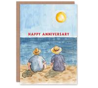 Artery8 Elderly Couple Sitting At The Beach Watercolour Blank For Him Or Her Art Anniversary Card
