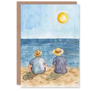 Artery8 Elderly Couple Sitting At The Beach Watercolour Blank For Him Or Her Art Birthday Card