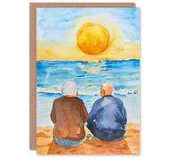 Artery8 Elderly Couple Watching Sunset Beach Watercolour Blank For Him Or Her Art Anniversary Card