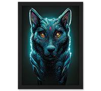 Artery8 Electric Blue Luminescent Wolf Spirit Animal Guide Artwork Framed Wall Art Print A4 in Black Artery8 Black