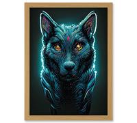 Artery8 Electric Blue Luminescent Wolf Spirit Animal Guide Artwork Framed Wall Art Print A4 in Light Oak Artery8 Light Oak
