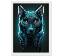 Artery8 Electric Blue Luminescent Wolf Spirit Animal Guide Artwork Framed Wall Art Print A4 in White Artery8 White