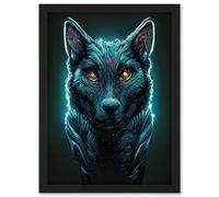 Artery8 Electric Blue Luminescent Wolf Spirit Animal Guide Wall Art Print - A4 Size