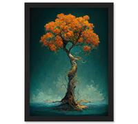 Artery8 Elegant Ancient Lone Autumn Fall Tree On Teal Artwork Framed Wall Art Print A4 in Black Artery8 Black