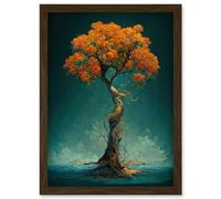 Artery8 Elegant Ancient Lone Autumn Fall Tree On Teal Artwork Framed Wall Art Print A4 in Brown Artery8 Brown