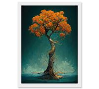 Artery8 Elegant Ancient Lone Autumn Fall Tree On Teal Artwork Framed Wall Art Print A4 in White Artery8 White