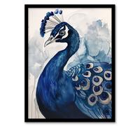 Elegant Blue Peafowl Peacock Bird Watercolour Framed Wall Art Artery8 Blue A4