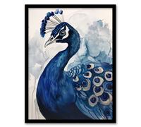 Elegant Blue Peafowl Peacock Bird Watercolour Framed Wall Art Artery8 Blue A4
