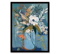 Artery8 Elegant Botanical Bouquet Flowers in Blue Vase Framed Art Print | Size: A4 Artery8 Blue A4