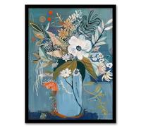 Artery8 Elegant Botanical Bouquet Flowers in Blue Vase Living Room Artwork Framed Wall Art Print A4