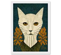 Artery8 Elegant Cat Illustration William Morris Style Teal Mustard Artwork Framed Wall Art Print A4 in White Artery8 White