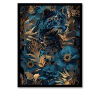 Artery8 Elegant Cheetah With Blue Gold Jungle Flowers Living Room Artwork Framed Wall Art Print 18X24 Inch