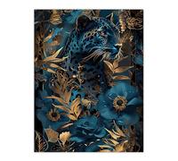 Artery8 Elegant Cheetah With Blue Gold Jungle Flowers Living Room Large Wall Art Poster Print Thick Paper 18X24 Inch