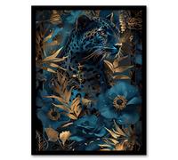 Artery8 Elegant Cheetah With Blue Gold Jungle Flowers Wall Art Print - A4 Size
