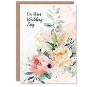 Artery8 Elegant Flower Bouquet Light Floral Watercolour Blank For Him Or Her Art Wedding Card
