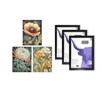 Artery8 Elegant Flower Wall Art - Set of 3 A4 Sized Art with Black Frames - Single Anemone Chrysanthemum Freesia Floral Reds Rust Orange