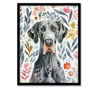 Artery8 Elegant Great Dane Dog Lover Floral Pet Portrait Framed Wall Art | Size: A4 Artery8 Multicolor A4