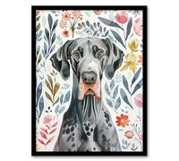 Artery8 Elegant Great Dane Dog Lover Floral Pet Portrait Living Room Artwork Framed Wall Art Print 18X24 Inch