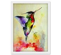 Artery8 Elegant Hummingbird Abstract Watercolour Artwork Framed Wall Art Print A4 in White Artery8 White