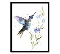 Artery8 Elegant Hummingbird with Wildflower Watercolour Living Room Artwork Framed Wall Art Print 18X24 Inch