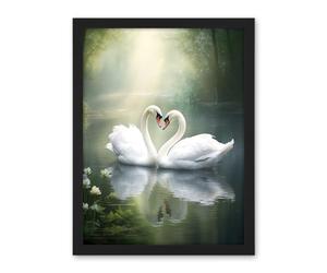 Artery8 Elegant Love Heart Swans Photo Misty Morning River Scene Love Romance Artwork Framed Wall Art Print 18X24 Inch
